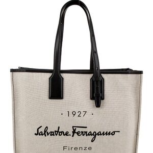 Salvatore Ferragamo Black and Cream Canvas Tote Bag